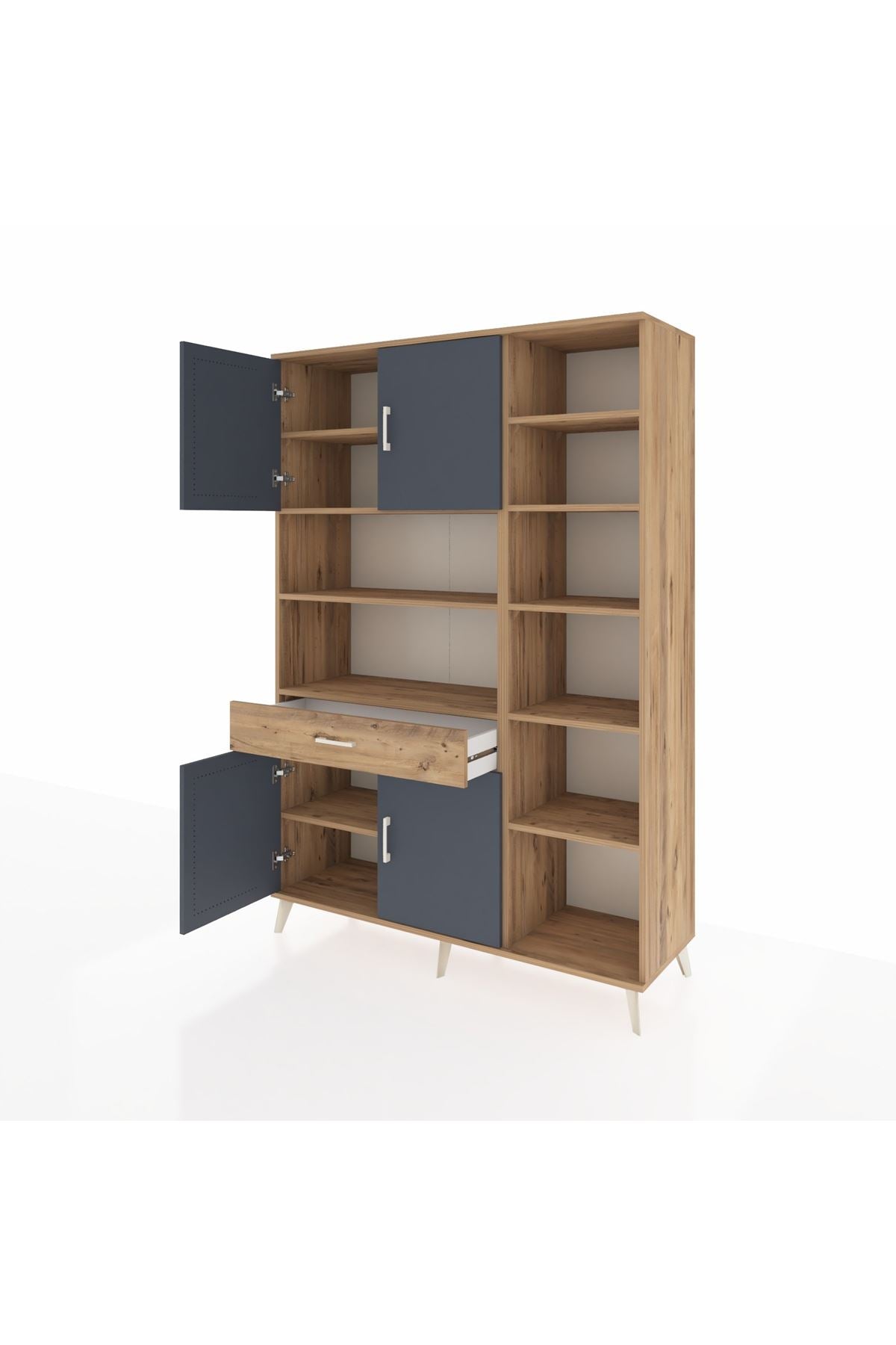 Hyperion Dolap 10 Raflı Tek Çekmeceli 4 Kapaklı 132x44x195 Çam-Antrasit/Çam