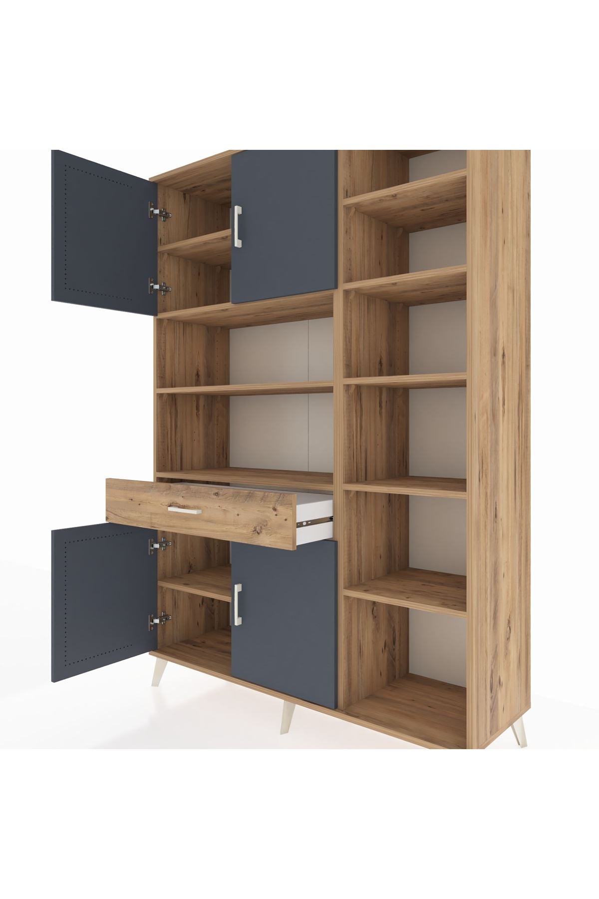 Hyperion Dolap 10 Raflı Tek Çekmeceli 4 Kapaklı 132x44x195 Çam-Antrasit/Çam