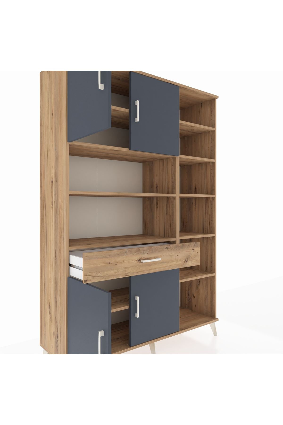 Hyperion Dolap 10 Raflı Tek Çekmeceli 4 Kapaklı 132x44x195 Çam-Antrasit/Çam