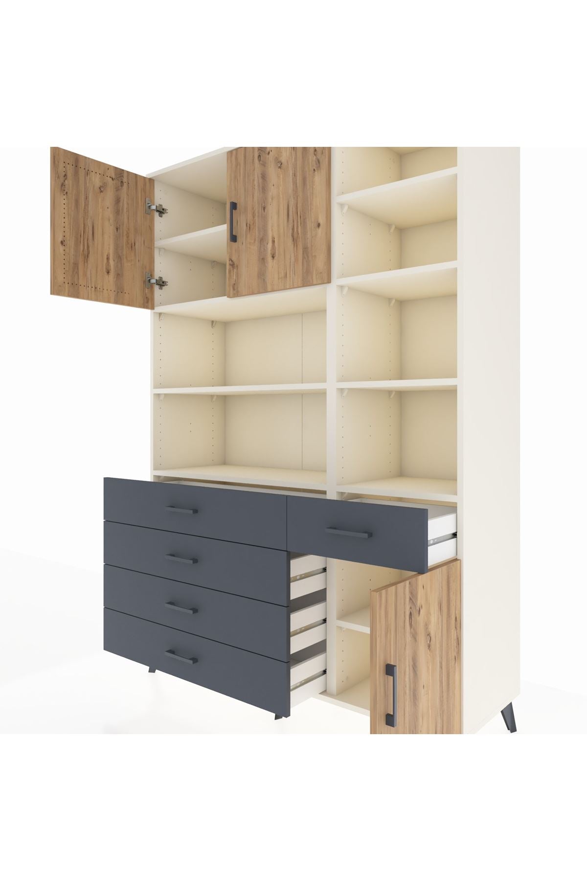 Hyperion Dolap 9 Raflı 5 Çekmeceli 3 Kapaklı 132x44x195 Aytaşı-Çam/Antrasit