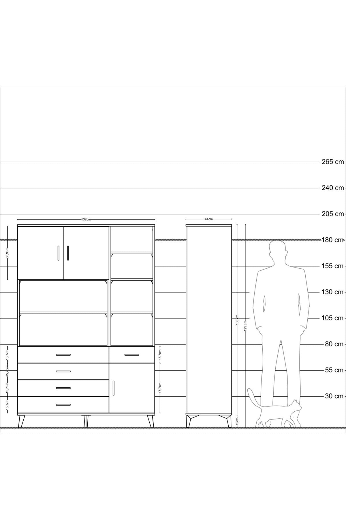 Hyperion Dolap 9 Raflı 5 Çekmeceli 3 Kapaklı 132x44x195 Aytaşı-Antrasit/Çam