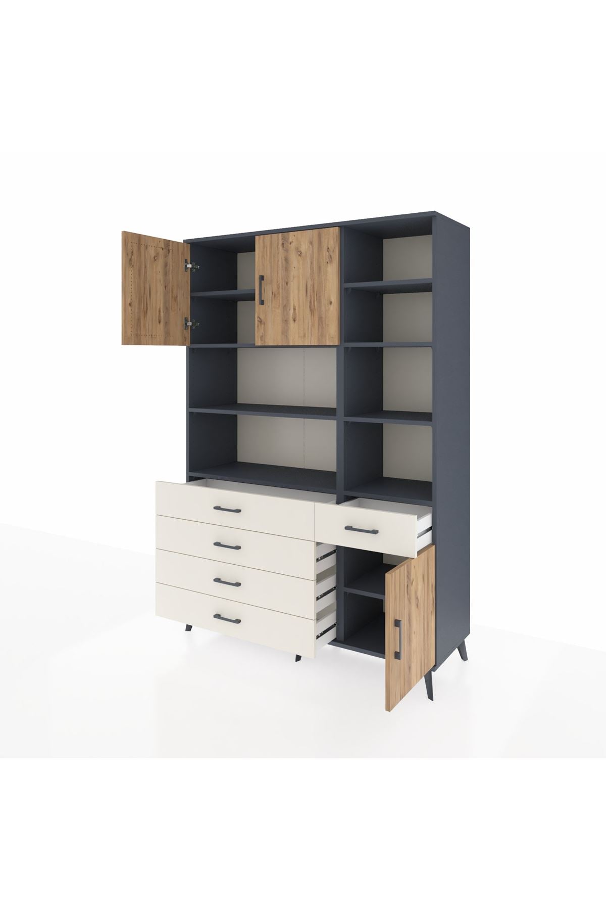 Hyperion Dolap 9 Raflı 5 Çekmeceli 3 Kapaklı 132x44x195 Antrasit-Çam/Aytaşı