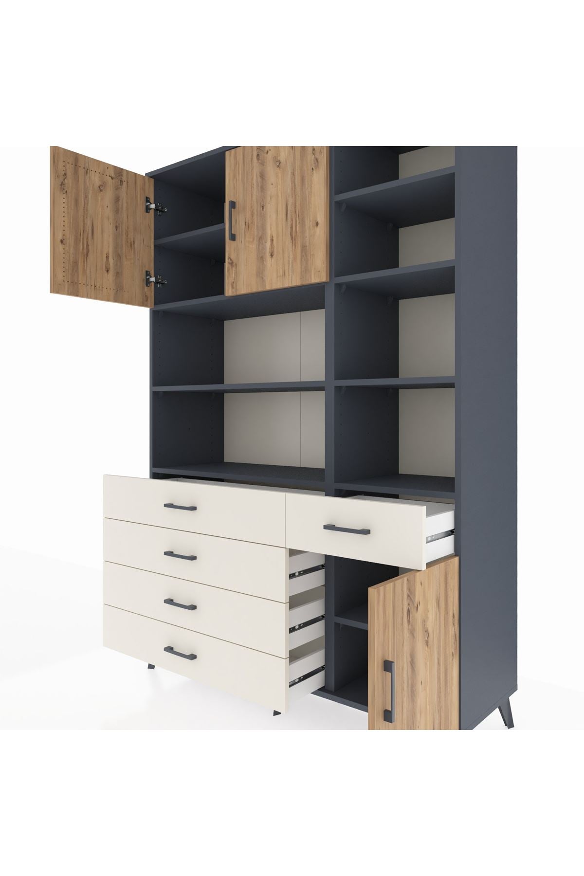 Hyperion Dolap 9 Raflı 5 Çekmeceli 3 Kapaklı 132x44x195 Antrasit-Çam/Aytaşı