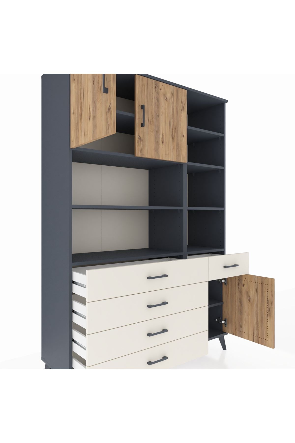 Hyperion Dolap 9 Raflı 5 Çekmeceli 3 Kapaklı 132x44x195 Antrasit-Çam/Aytaşı