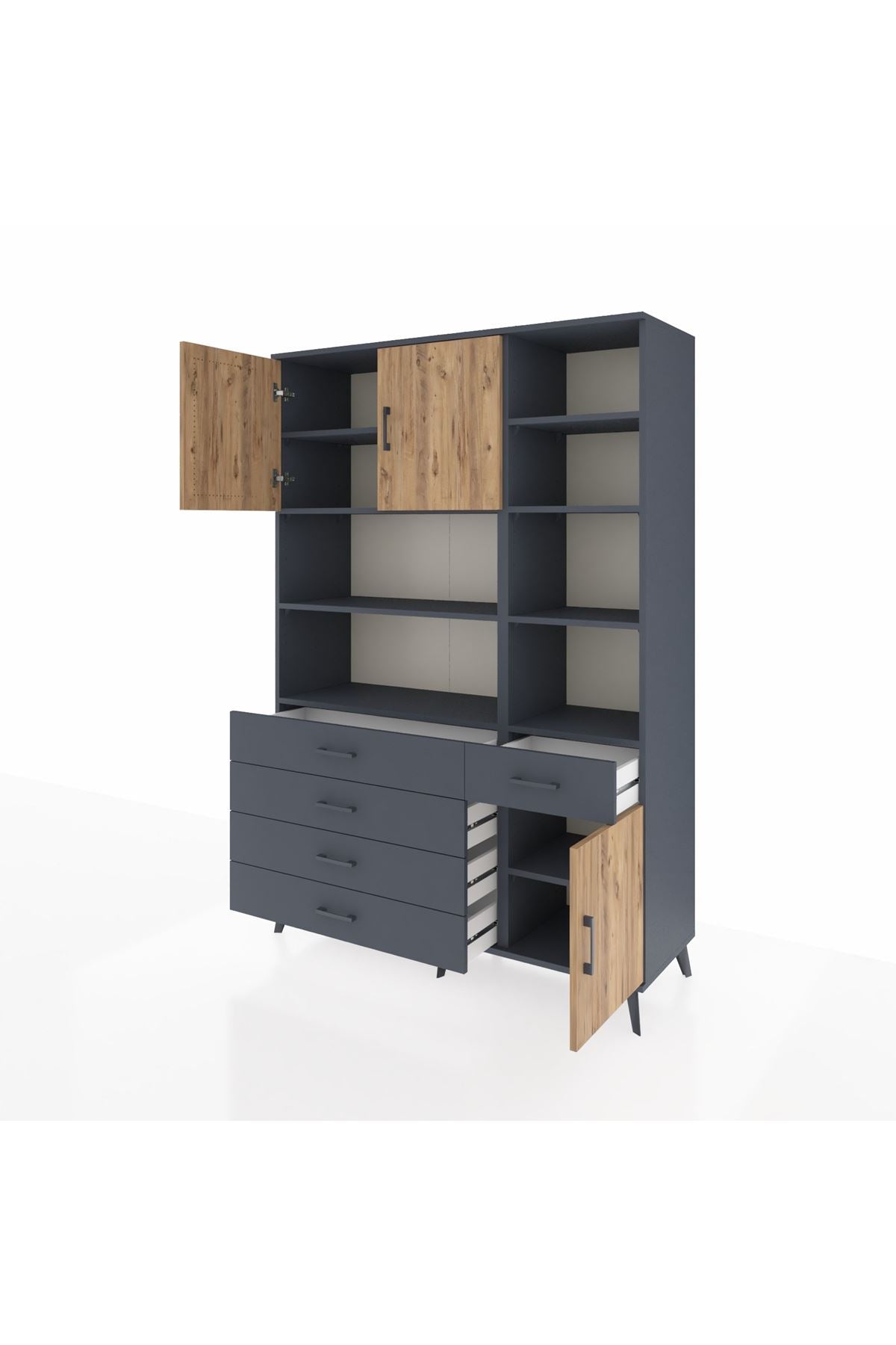 Hyperion Dolap 9 Raflı 5 Çekmeceli 3 Kapaklı 132x44x195 Antrasit-Çam/Antrasit