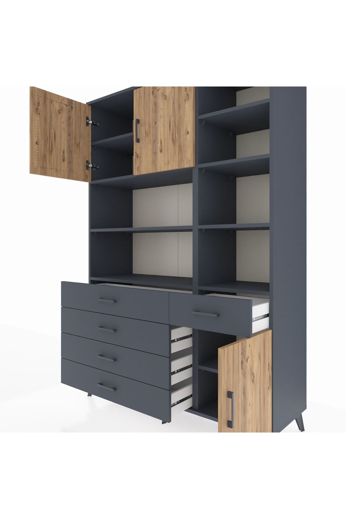 Hyperion Dolap 9 Raflı 5 Çekmeceli 3 Kapaklı 132x44x195 Antrasit-Çam/Antrasit