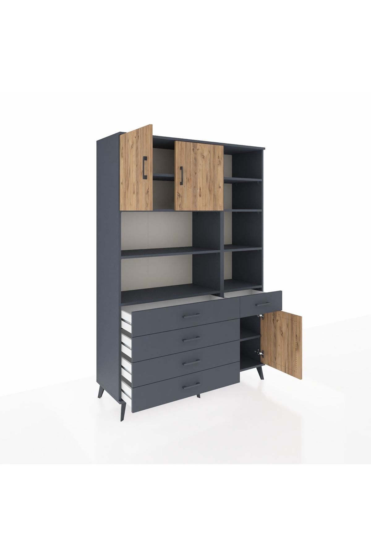Hyperion Dolap 9 Raflı 5 Çekmeceli 3 Kapaklı 132x44x195 Antrasit-Çam/Antrasit