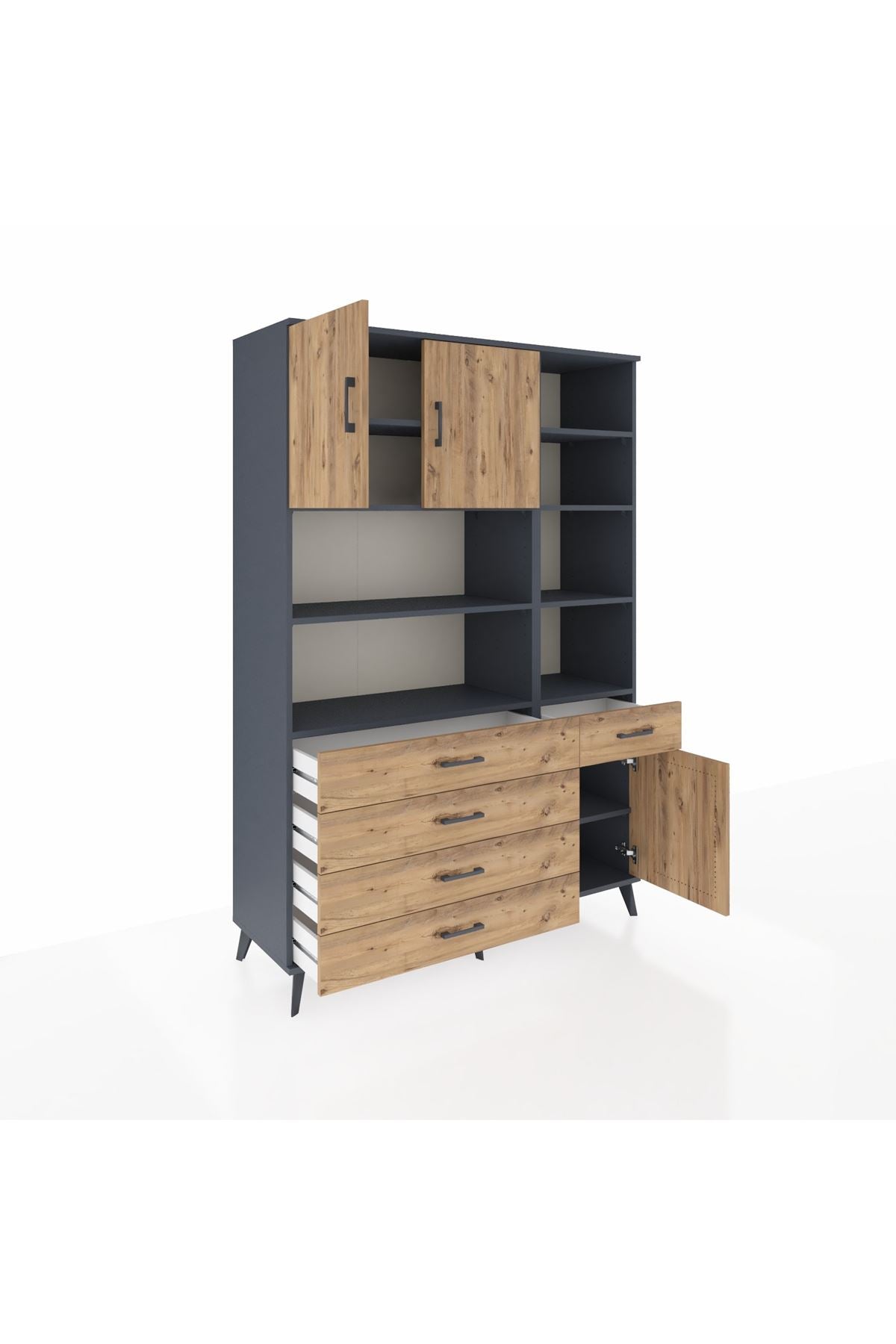 Hyperion Dolap 9 Raflı 5 Çekmeceli 3 Kapaklı 132x44x195 Antrasit-Çam/Çam