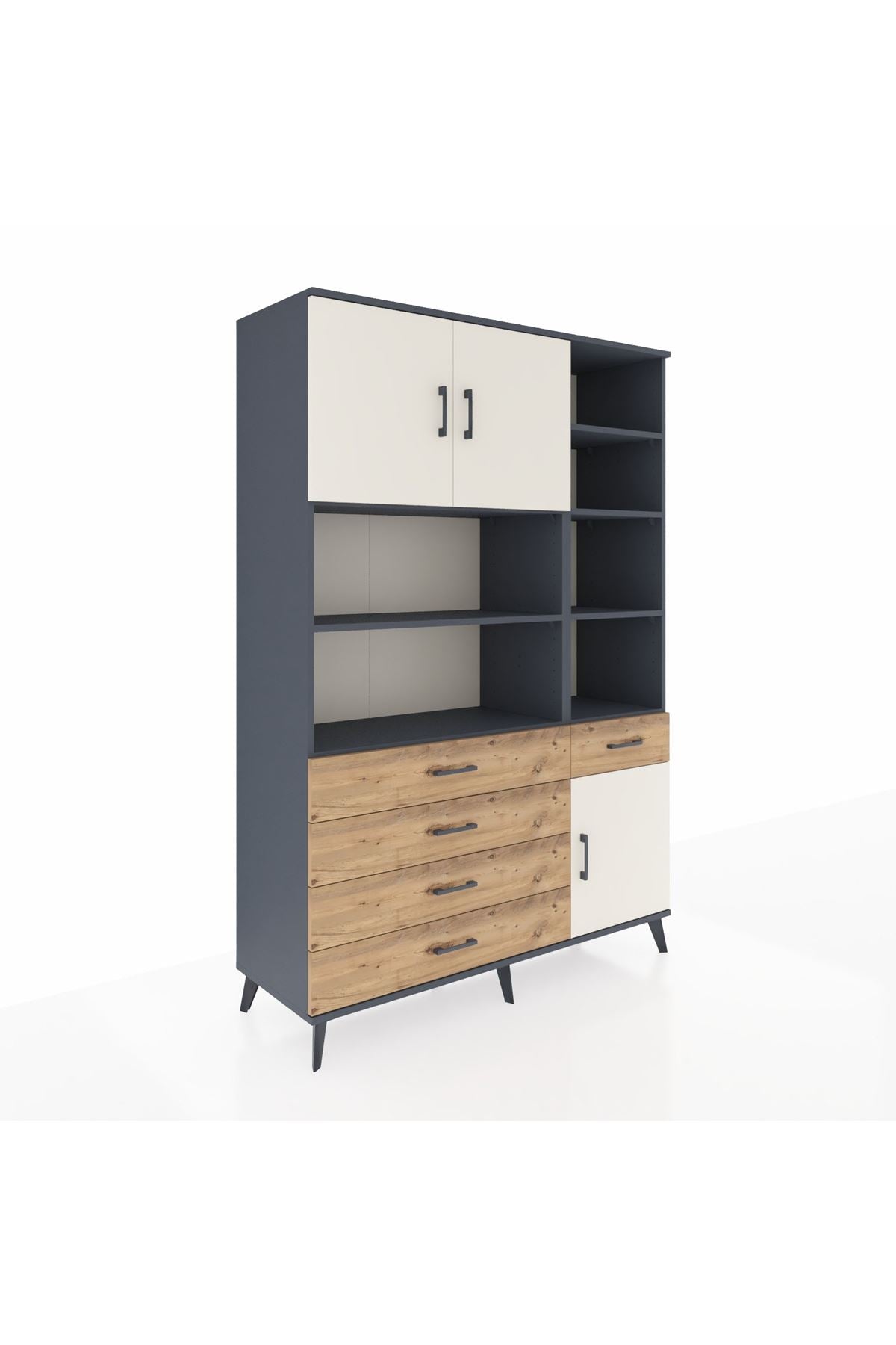 Hyperion Dolap 9 Raflı 5 Çekmeceli 3 Kapaklı 132x44x195 Antrasit-Aytaşı/Çam