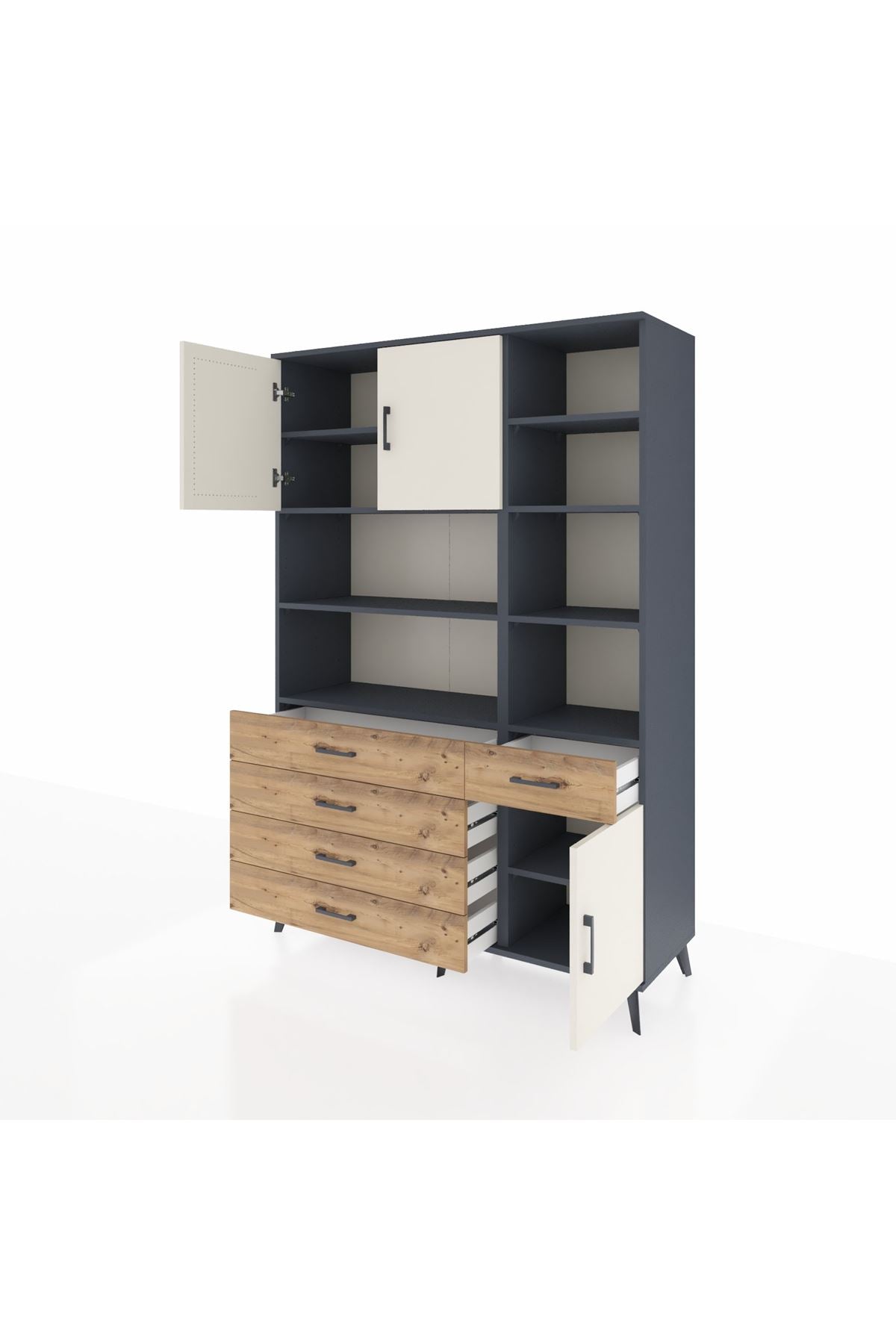 Hyperion Dolap 9 Raflı 5 Çekmeceli 3 Kapaklı 132x44x195 Antrasit-Aytaşı/Çam