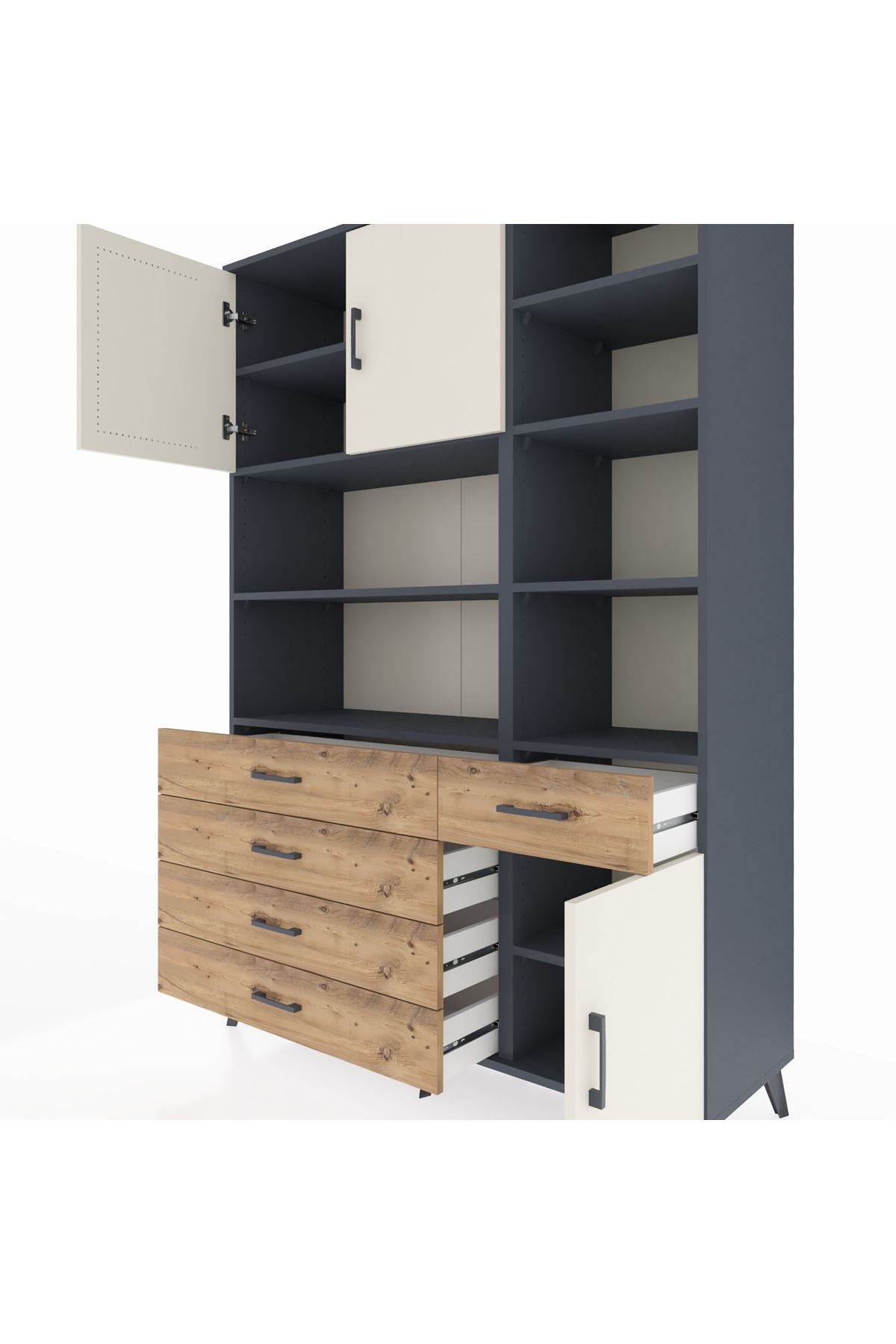 Hyperion Dolap 9 Raflı 5 Çekmeceli 3 Kapaklı 132x44x195 Antrasit-Aytaşı/Çam