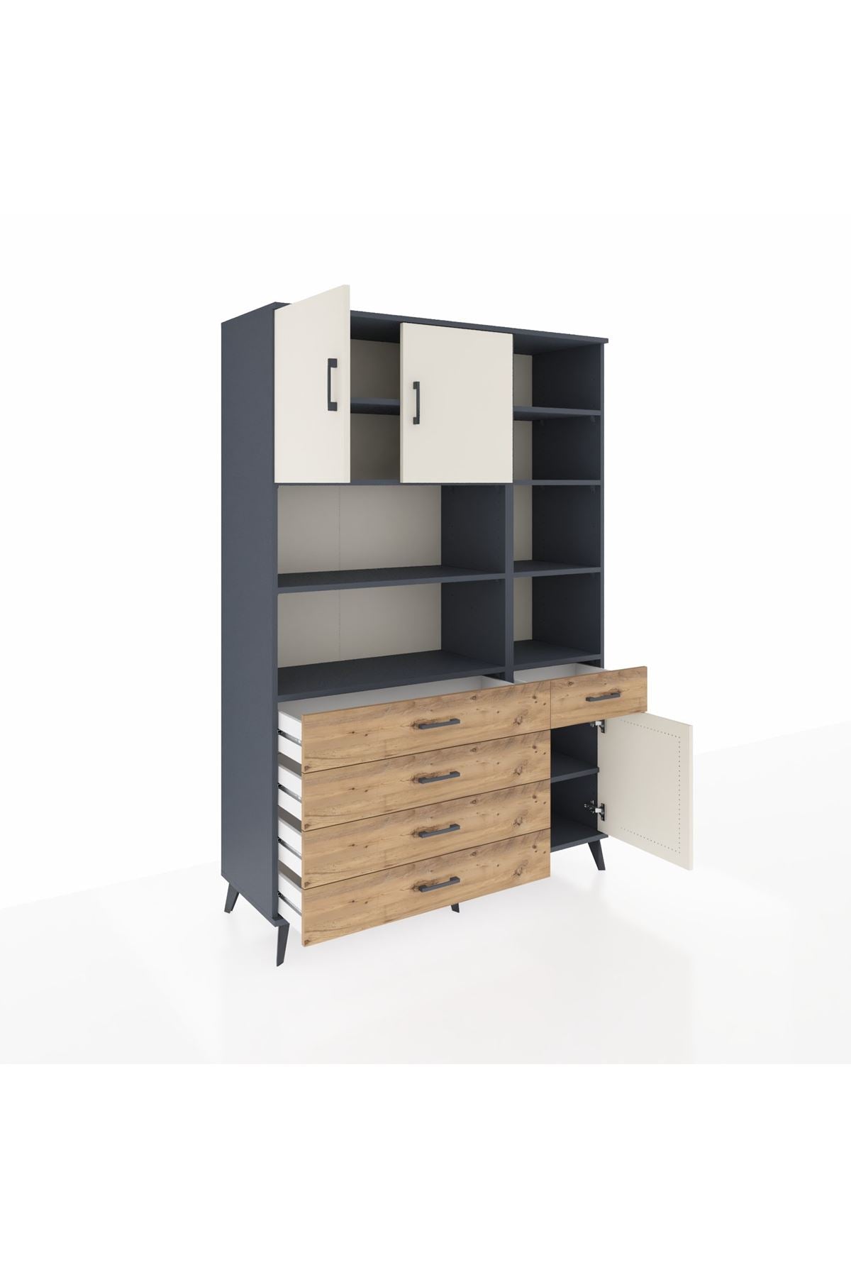 Hyperion Dolap 9 Raflı 5 Çekmeceli 3 Kapaklı 132x44x195 Antrasit-Aytaşı/Çam