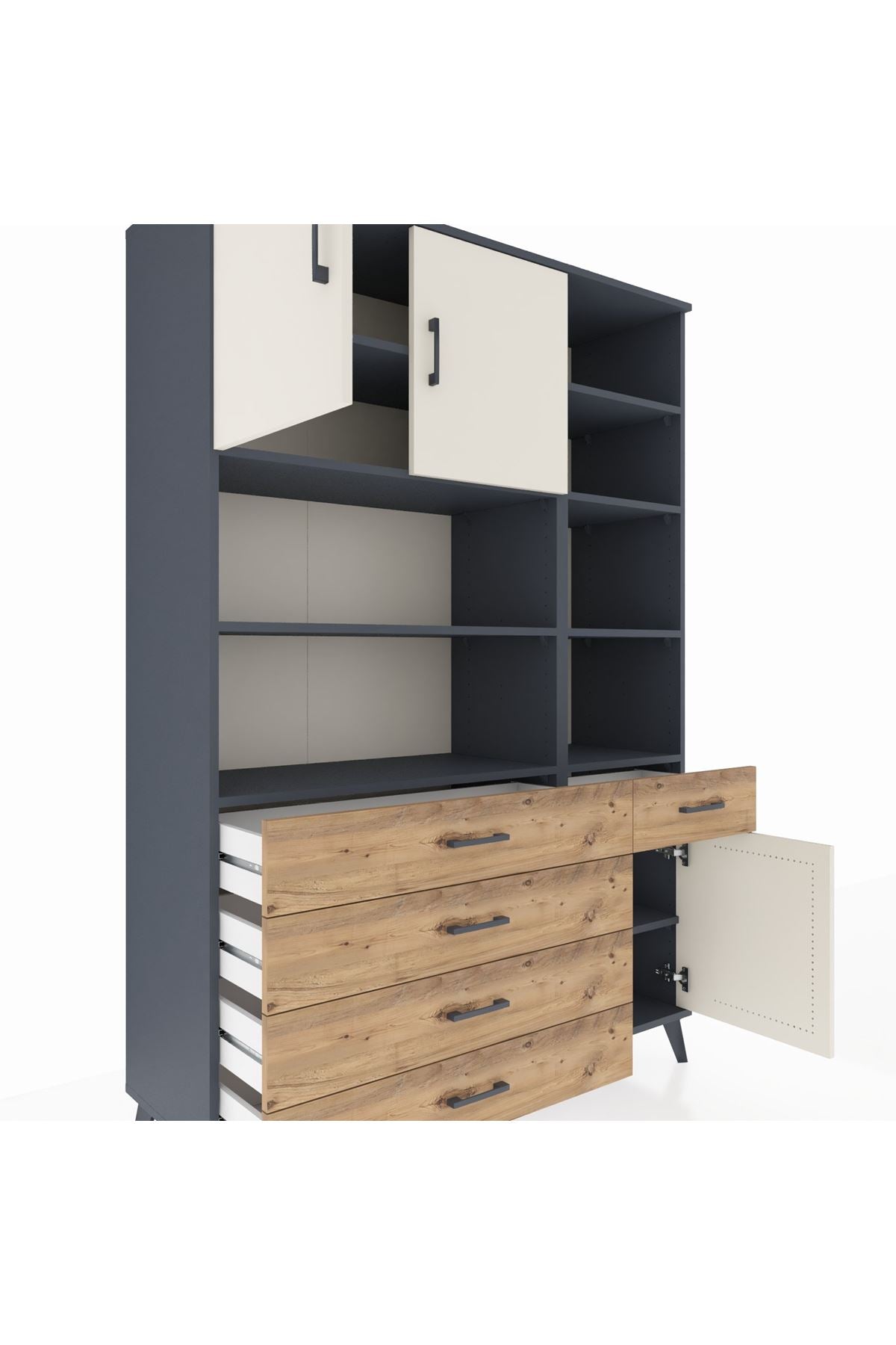 Hyperion Dolap 9 Raflı 5 Çekmeceli 3 Kapaklı 132x44x195 Antrasit-Aytaşı/Çam