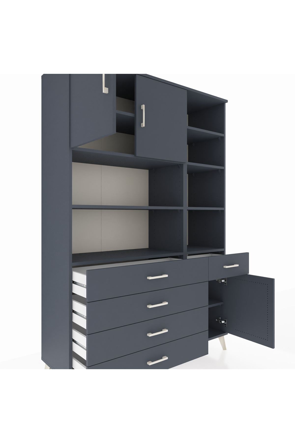 Hyperion Dolap 9 Raflı 5 Çekmeceli 3 Kapaklı 132x44x195 Antrasit-Antrasit/Antrasit