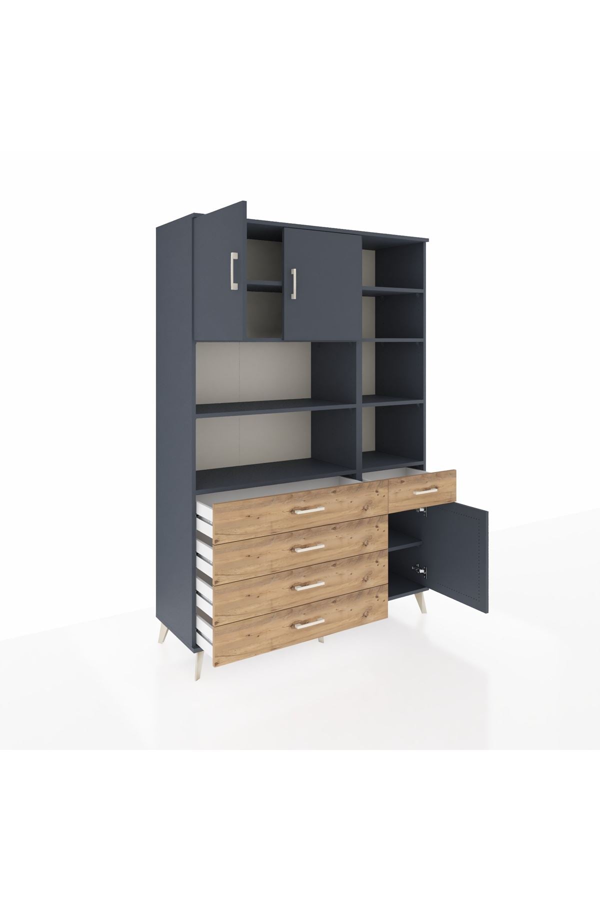 Hyperion Dolap 9 Raflı 5 Çekmeceli 3 Kapaklı 132x44x195 Antrasit-Antrasit/Çam