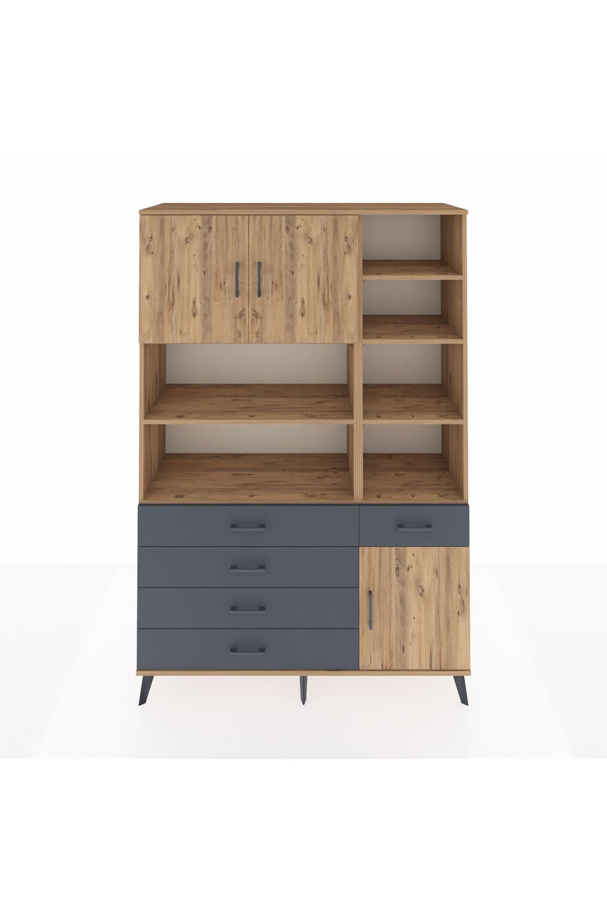 Hyperion Dolap 9 Raflı 5 Çekmeceli 3 Kapaklı 132x44x195 Çam-Çam/Antrasit