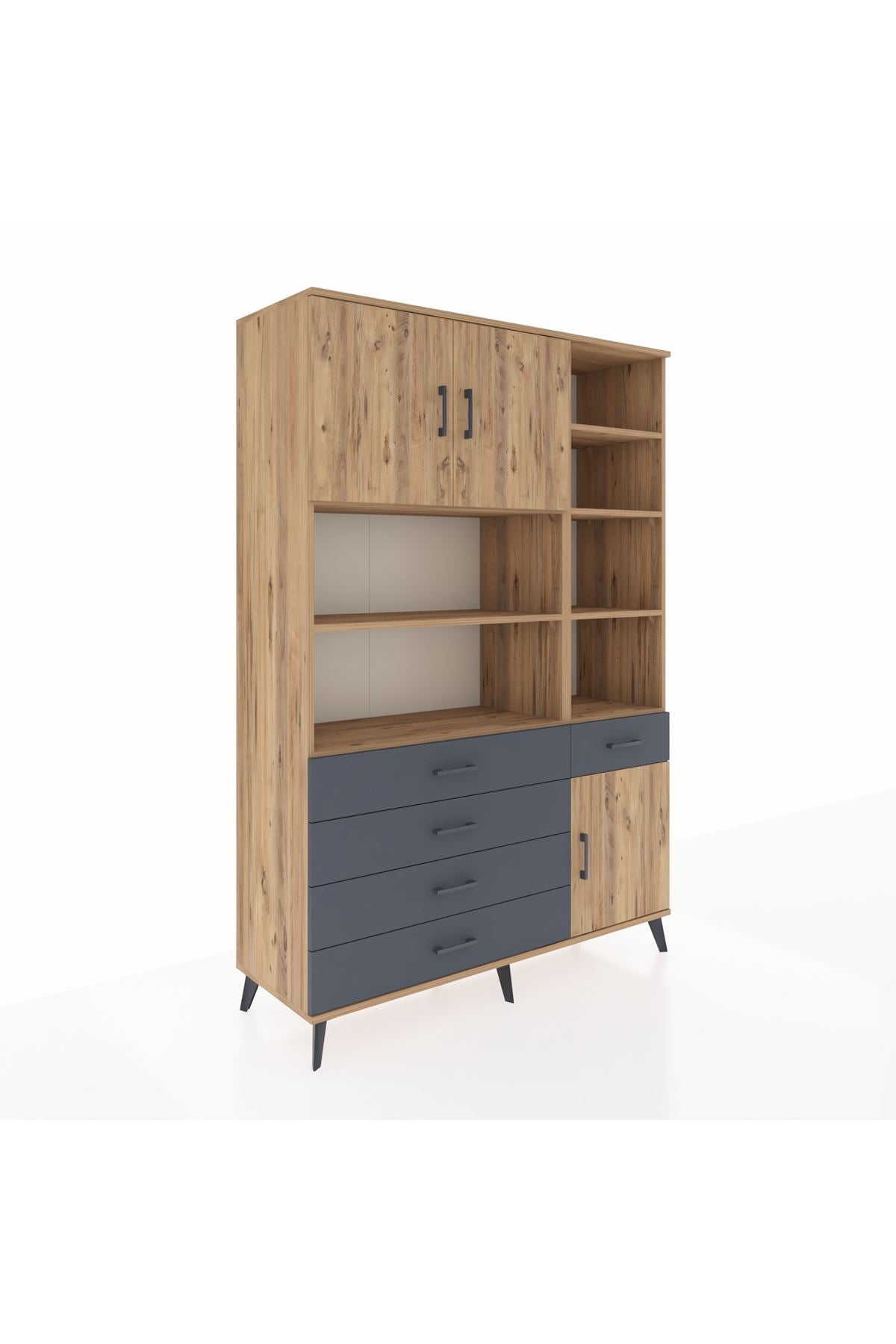 Hyperion Dolap 9 Raflı 5 Çekmeceli 3 Kapaklı 132x44x195 Çam-Çam/Antrasit