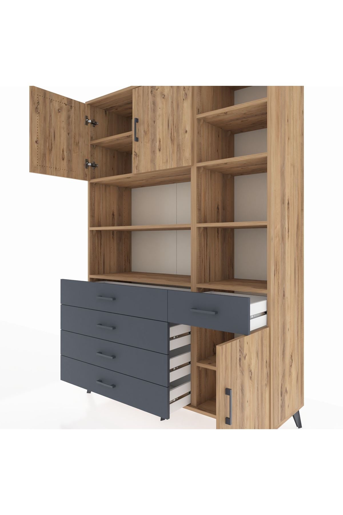 Hyperion Dolap 9 Raflı 5 Çekmeceli 3 Kapaklı 132x44x195 Çam-Çam/Antrasit