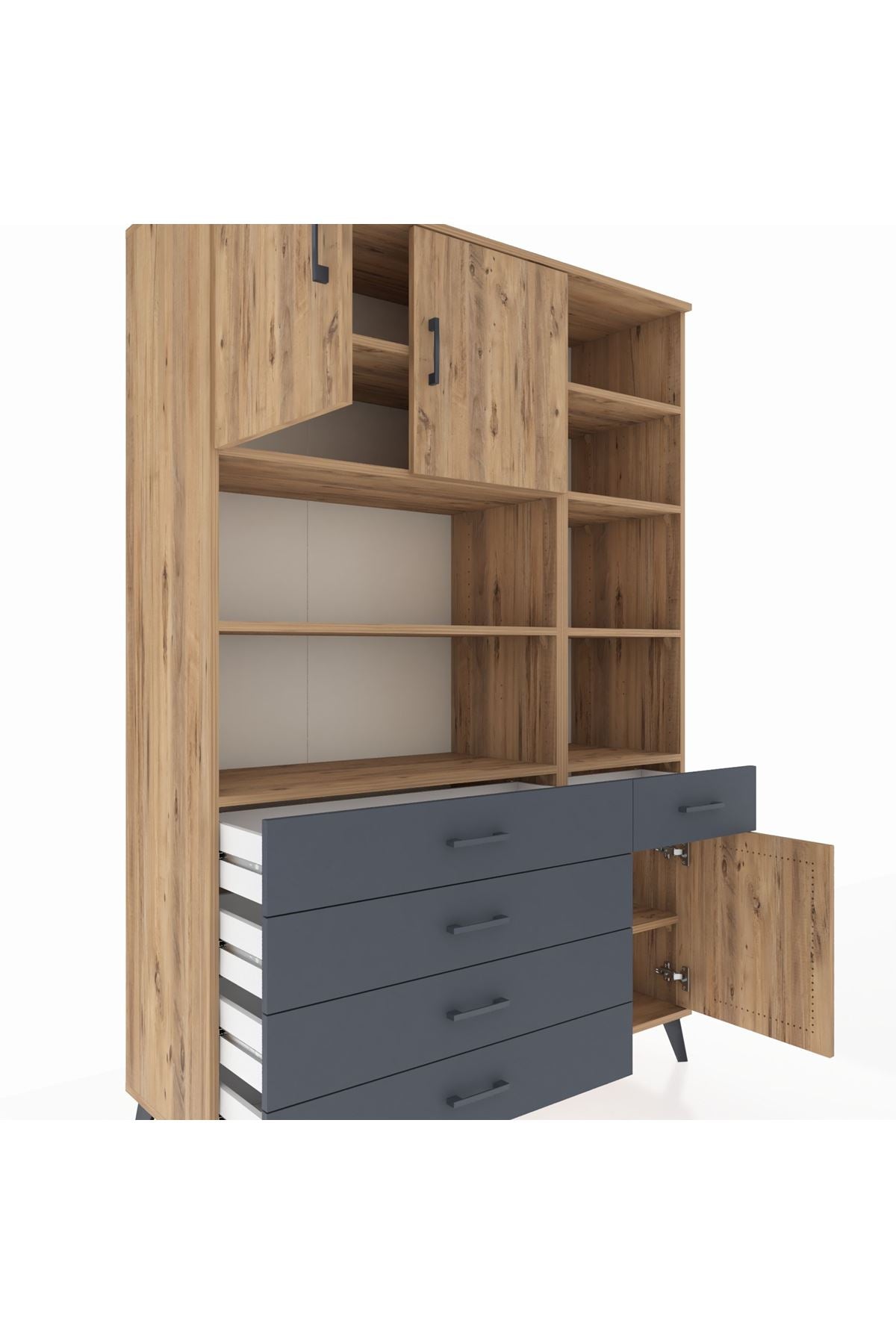 Hyperion Dolap 9 Raflı 5 Çekmeceli 3 Kapaklı 132x44x195 Çam-Çam/Antrasit