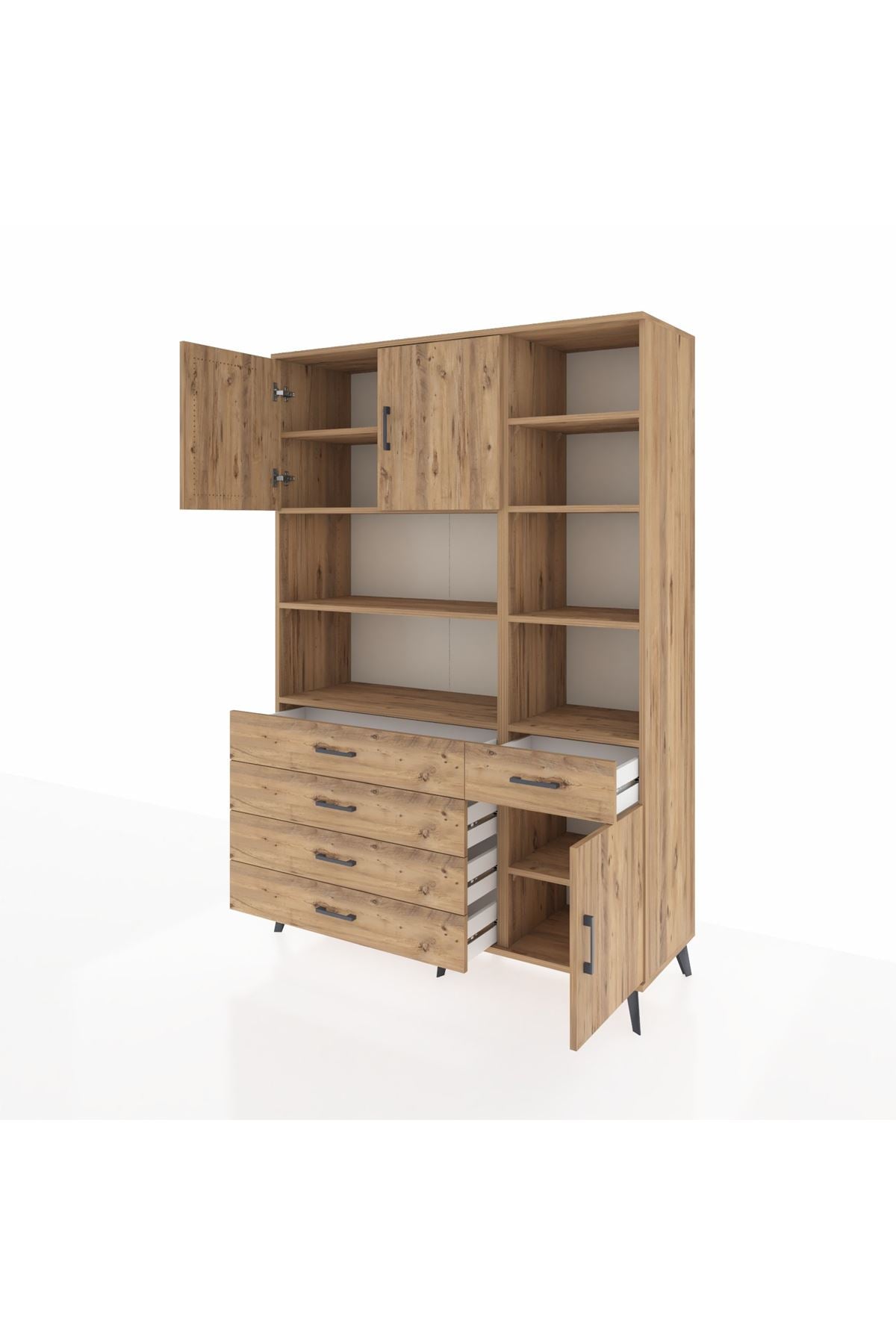 Hyperion Dolap 9 Raflı 5 Çekmeceli 3 Kapaklı 132x44x195 Çam-Çam/Çam