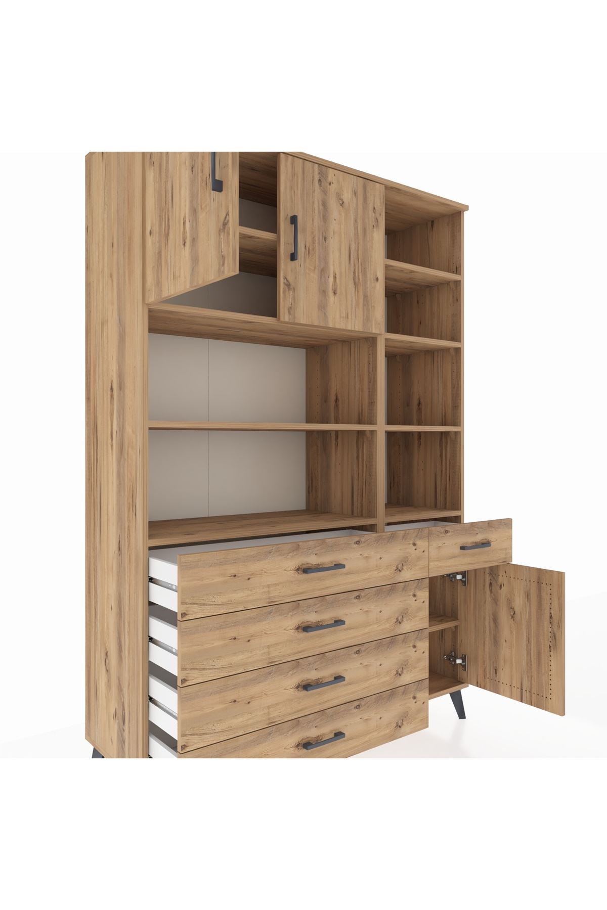 Hyperion Dolap 9 Raflı 5 Çekmeceli 3 Kapaklı 132x44x195 Çam-Çam/Çam