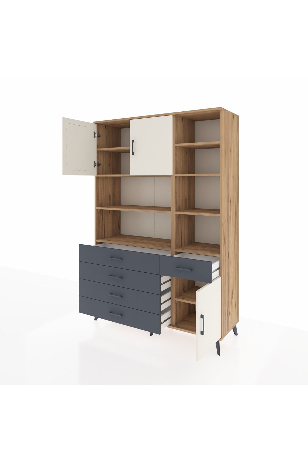 Hyperion Dolap 9 Raflı 5 Çekmeceli 3 Kapaklı 132x44x195 Çam-Aytaşı/Antrasit