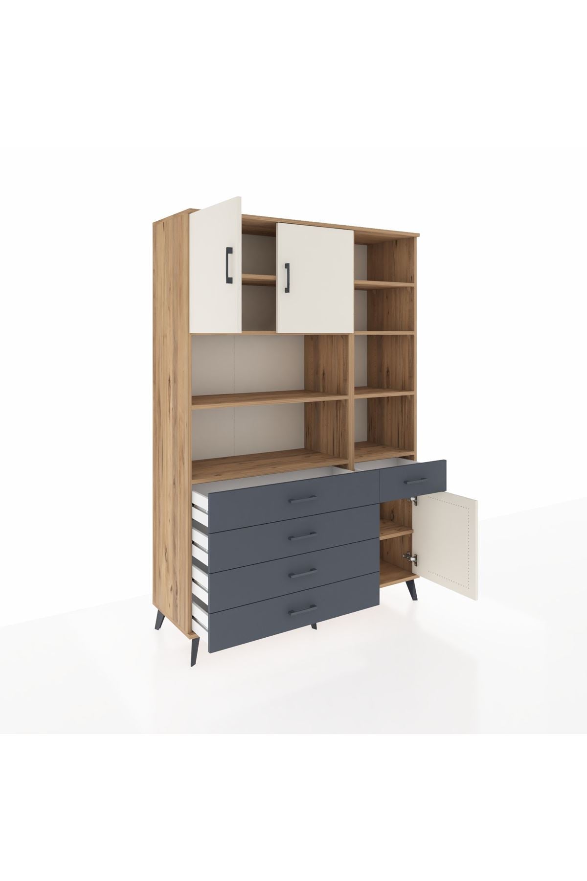 Hyperion Dolap 9 Raflı 5 Çekmeceli 3 Kapaklı 132x44x195 Çam-Aytaşı/Antrasit