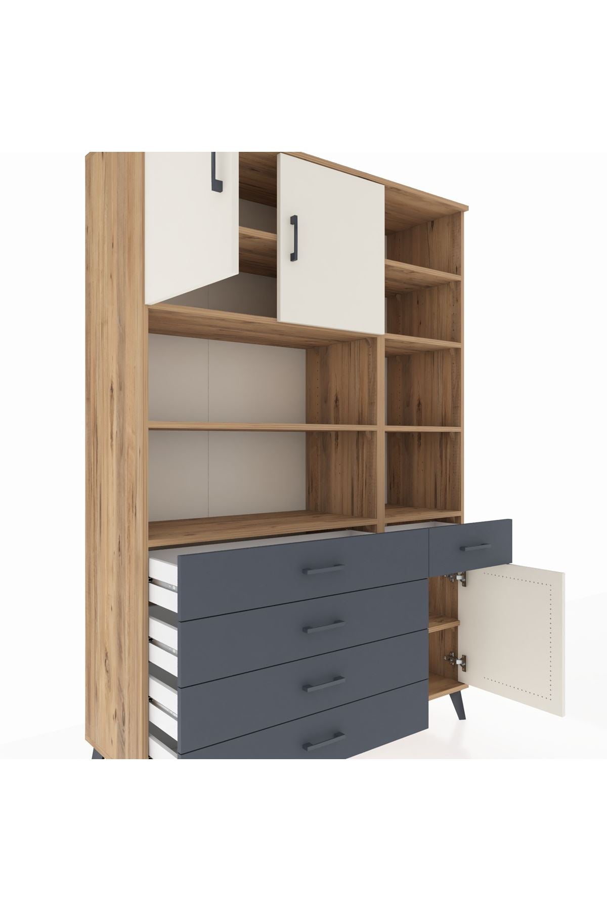 Hyperion Dolap 9 Raflı 5 Çekmeceli 3 Kapaklı 132x44x195 Çam-Aytaşı/Antrasit