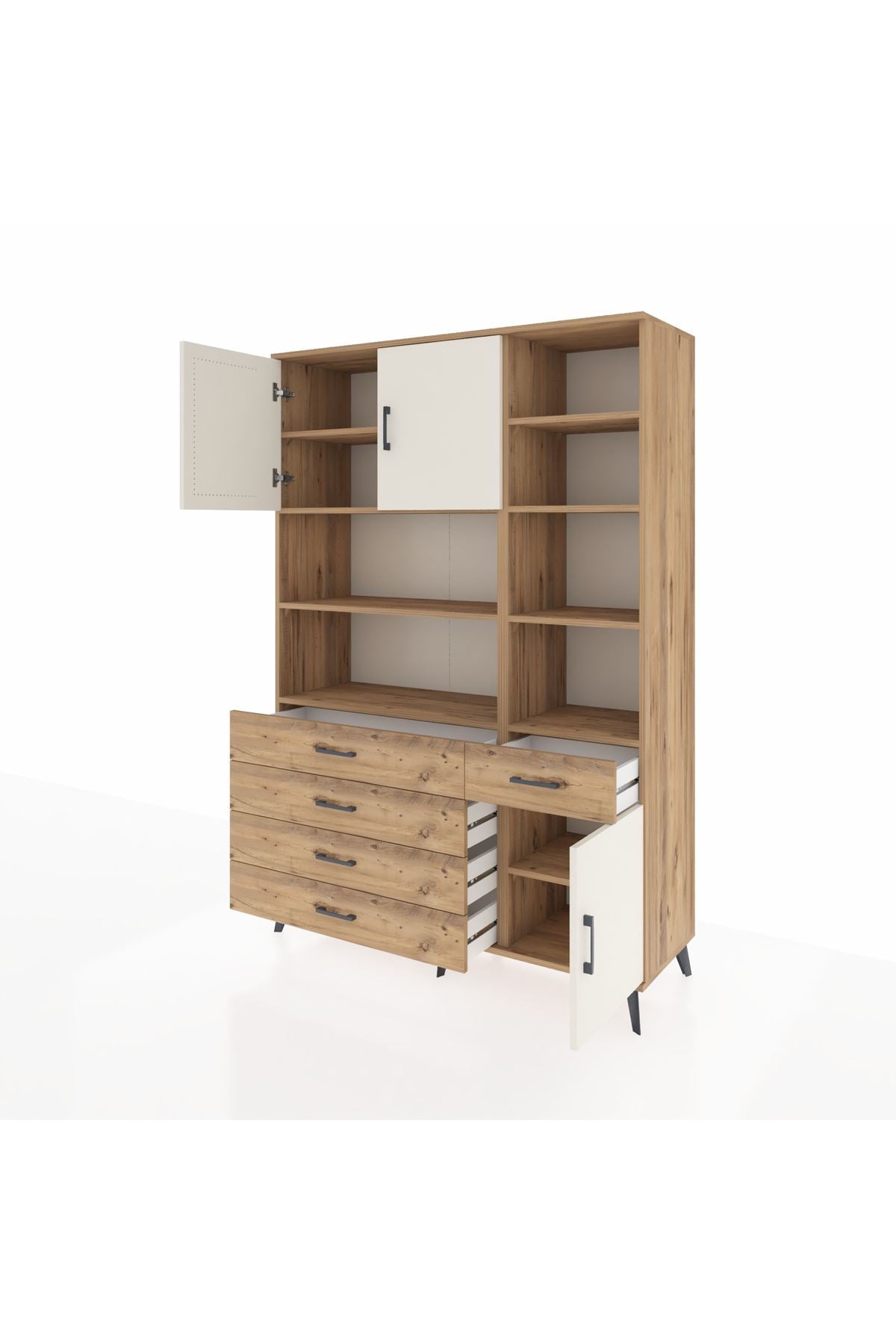 Hyperion Dolap 9 Raflı 5 Çekmeceli 3 Kapaklı 132x44x195 Çam-Aytaşı/Çam