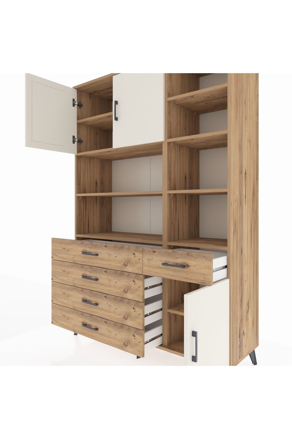 Hyperion Dolap 9 Raflı 5 Çekmeceli 3 Kapaklı 132x44x195 Çam-Aytaşı/Çam