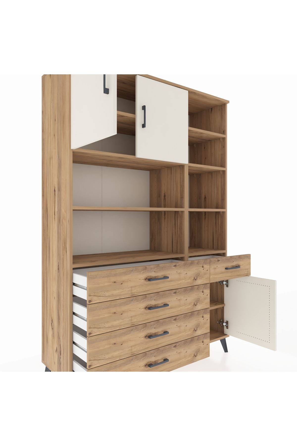 Hyperion Dolap 9 Raflı 5 Çekmeceli 3 Kapaklı 132x44x195 Çam-Aytaşı/Çam