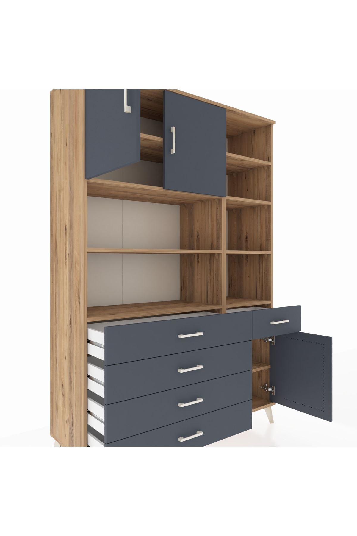 Hyperion Dolap 9 Raflı 5 Çekmeceli 3 Kapaklı 132x44x195 Çam-Antrasit/Antrasit