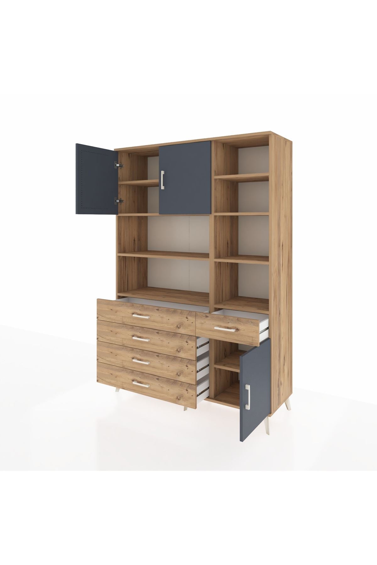 Hyperion Dolap 9 Raflı 5 Çekmeceli 3 Kapaklı 132x44x195 Çam-Antrasit/Çam