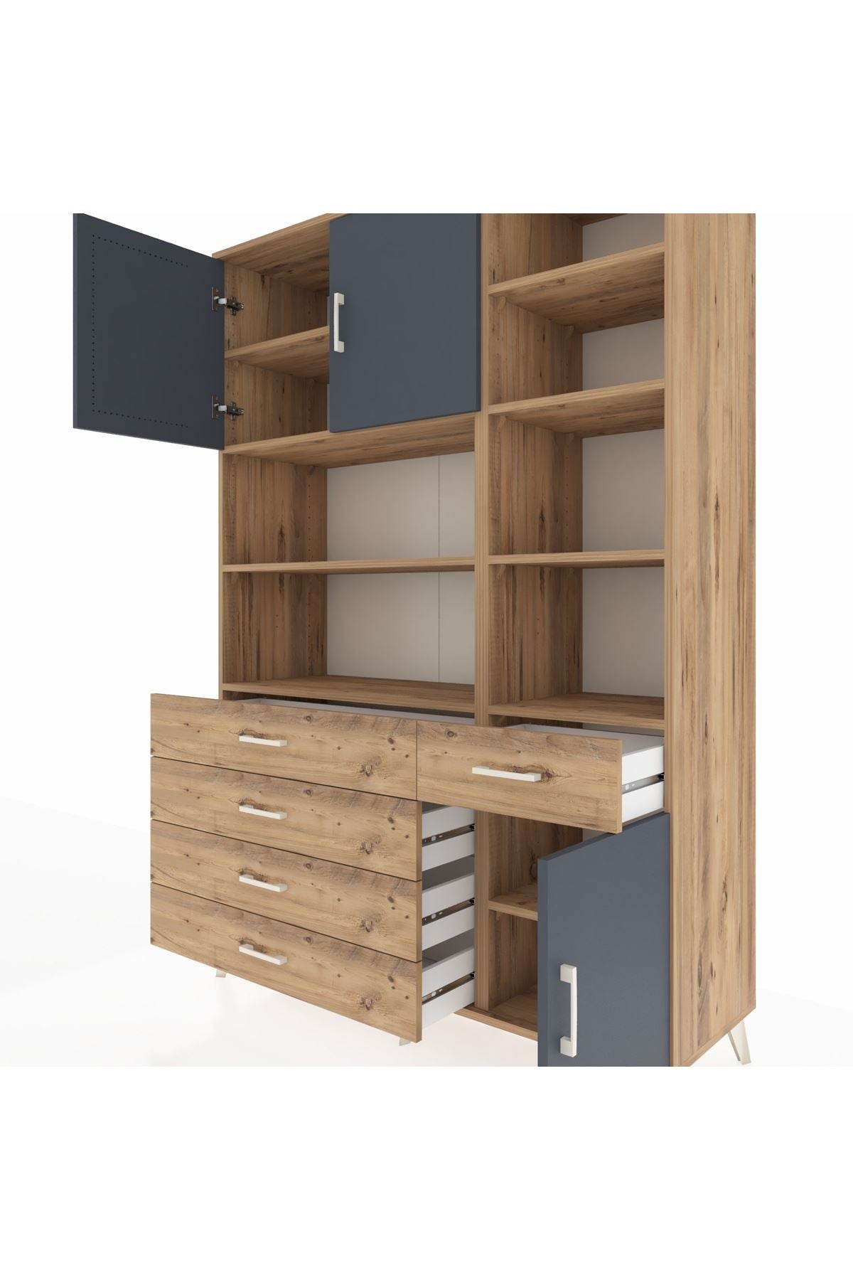 Hyperion Dolap 9 Raflı 5 Çekmeceli 3 Kapaklı 132x44x195 Çam-Antrasit/Çam