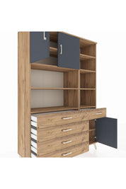 Hyperion Dolap 9 Raflı 5 Çekmeceli 3 Kapaklı 132x44x195 Çam-Antrasit/Çam