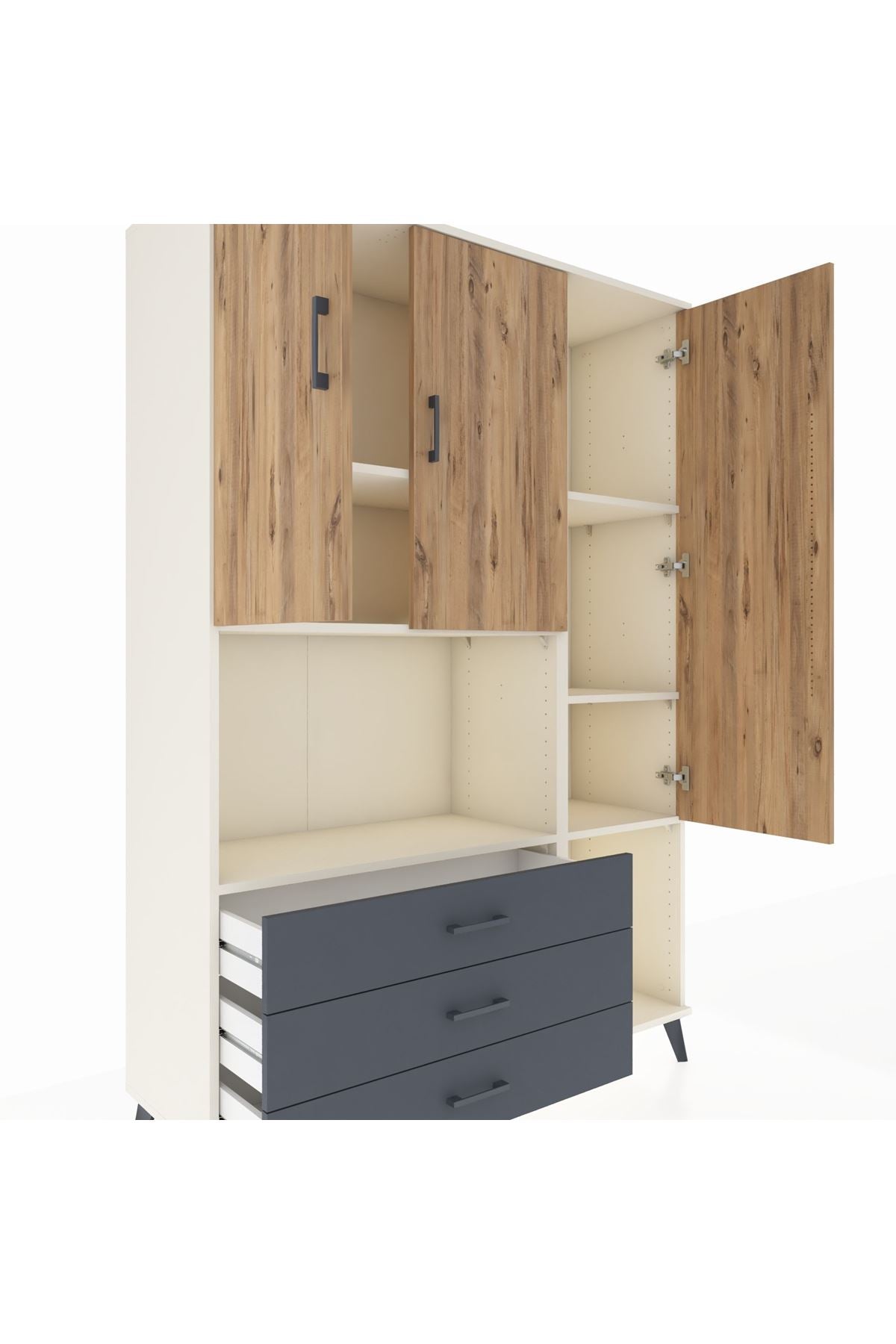 Hyperion Dolap 6 Raflı 3 Çekmeceli 3 Kapaklı 132x44x195 Aytaşı-Çam/Antrasit