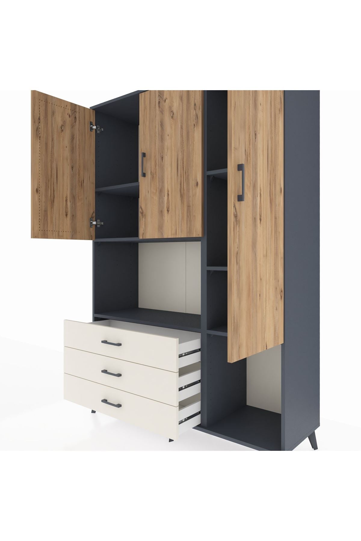 Hyperion Dolap 6 Raflı 3 Çekmeceli 3 Kapaklı 132x44x195 Antrasit-Çam/Aytaşı