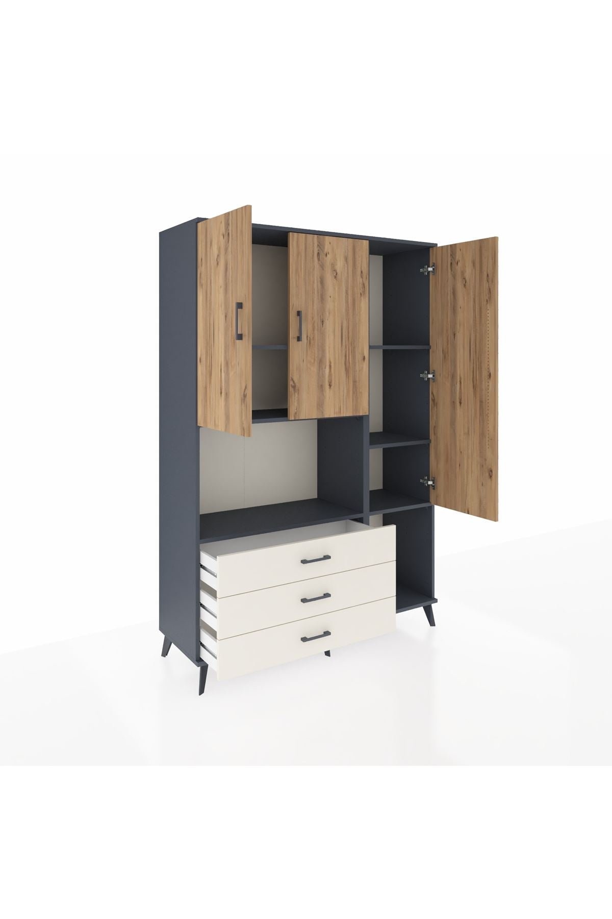 Hyperion Dolap 6 Raflı 3 Çekmeceli 3 Kapaklı 132x44x195 Antrasit-Çam/Aytaşı