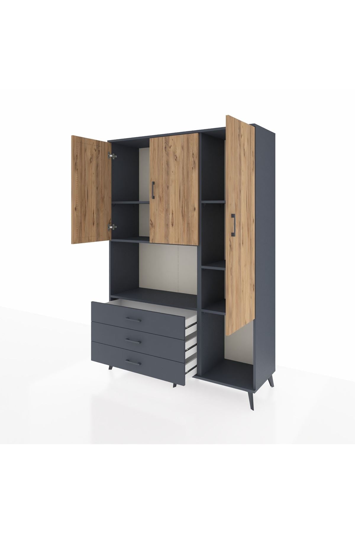 Hyperion Dolap 6 Raflı 3 Çekmeceli 3 Kapaklı 132x44x195 Antrasit-Çam/Antrasit