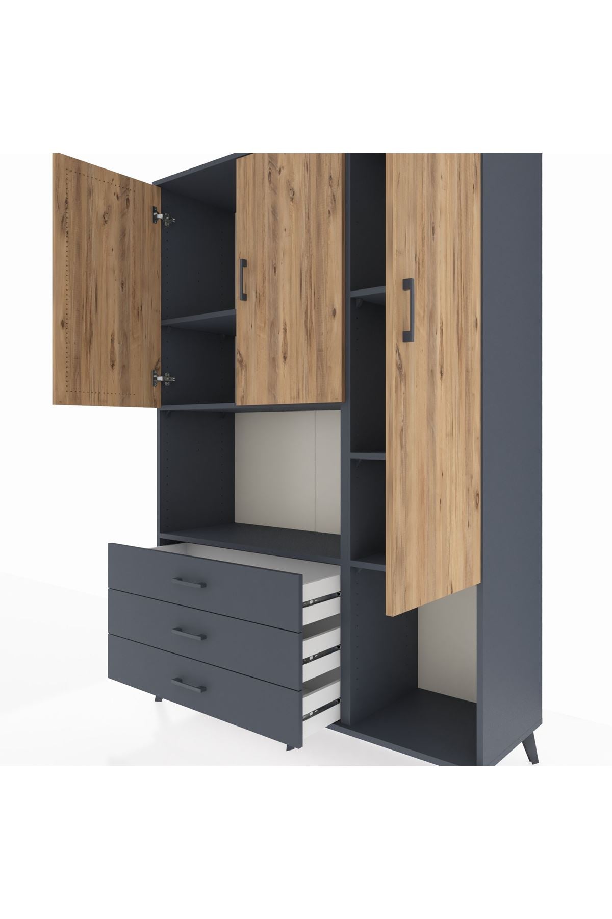 Hyperion Dolap 6 Raflı 3 Çekmeceli 3 Kapaklı 132x44x195 Antrasit-Çam/Antrasit