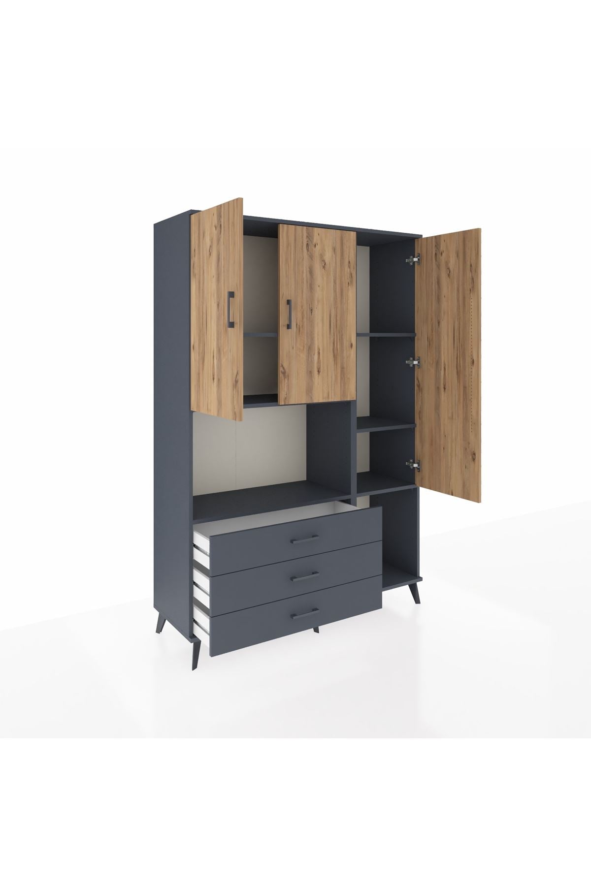 Hyperion Dolap 6 Raflı 3 Çekmeceli 3 Kapaklı 132x44x195 Antrasit-Çam/Antrasit