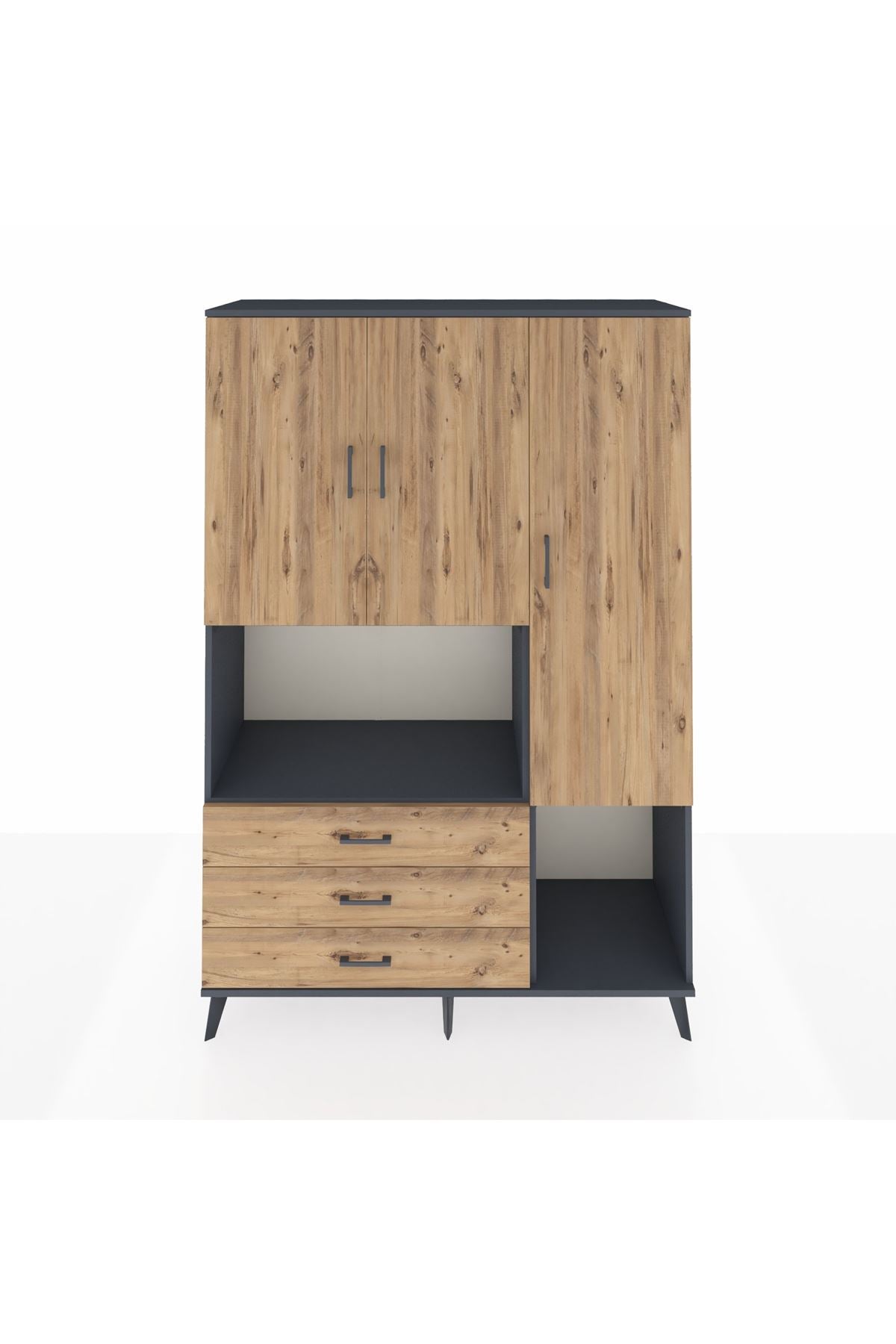 Hyperion Dolap 6 Raflı 3 Çekmeceli 3 Kapaklı 132x44x195 Antrasit-Çam/Çam