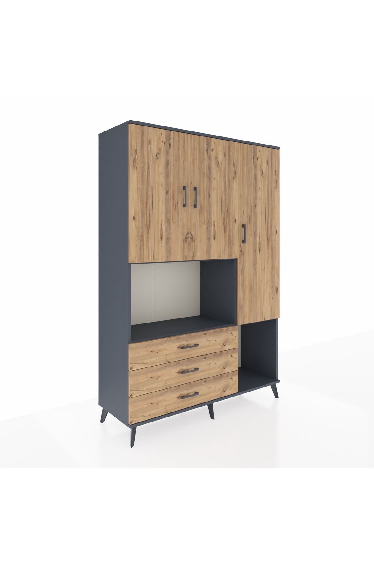 Hyperion Dolap 6 Raflı 3 Çekmeceli 3 Kapaklı 132x44x195 Antrasit-Çam/Çam