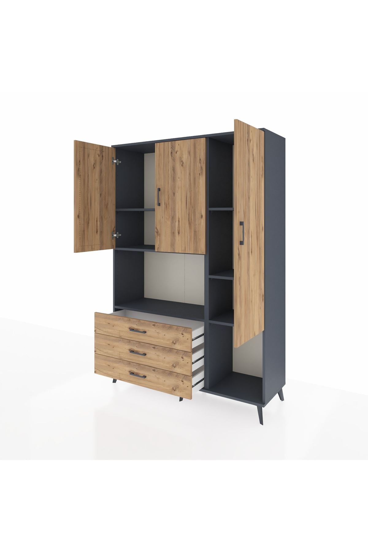 Hyperion Dolap 6 Raflı 3 Çekmeceli 3 Kapaklı 132x44x195 Antrasit-Çam/Çam