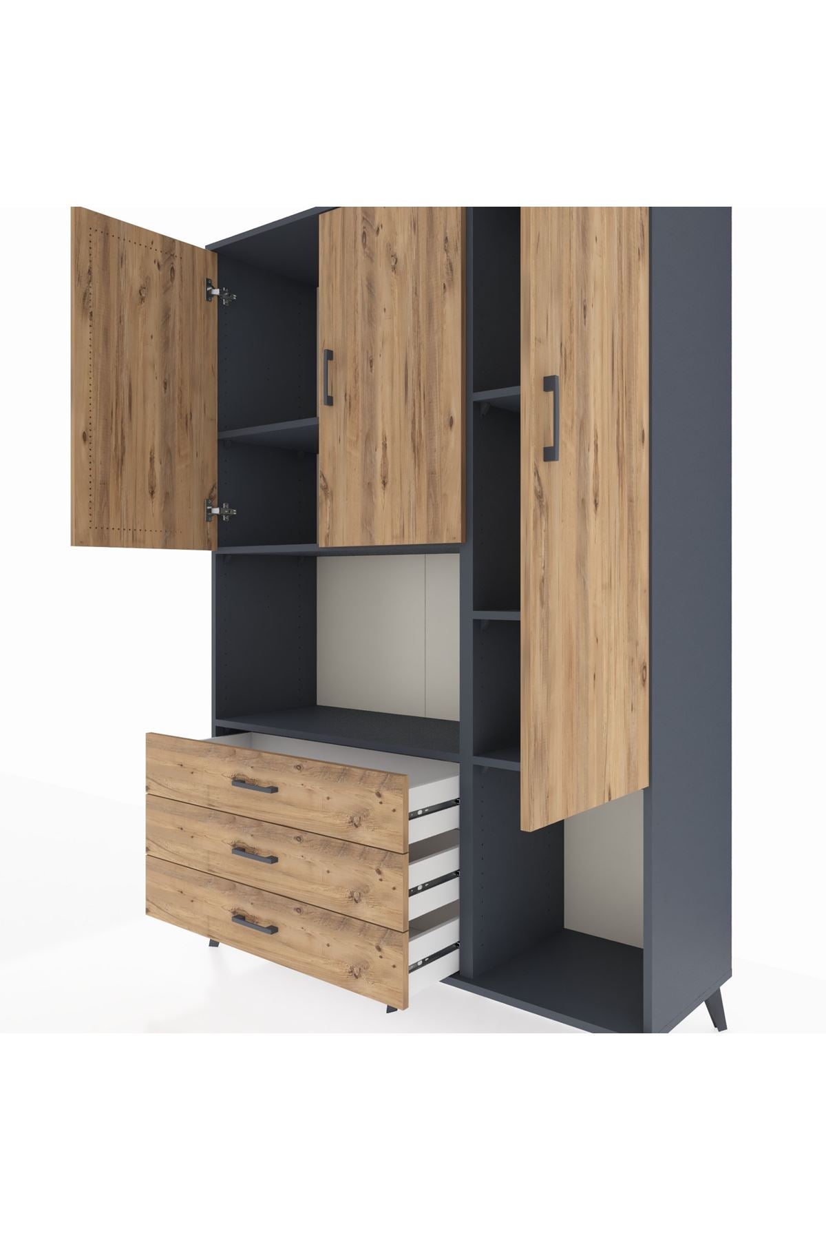 Hyperion Dolap 6 Raflı 3 Çekmeceli 3 Kapaklı 132x44x195 Antrasit-Çam/Çam