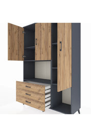 Hyperion Dolap 6 Raflı 3 Çekmeceli 3 Kapaklı 132x44x195 Antrasit-Çam/Çam