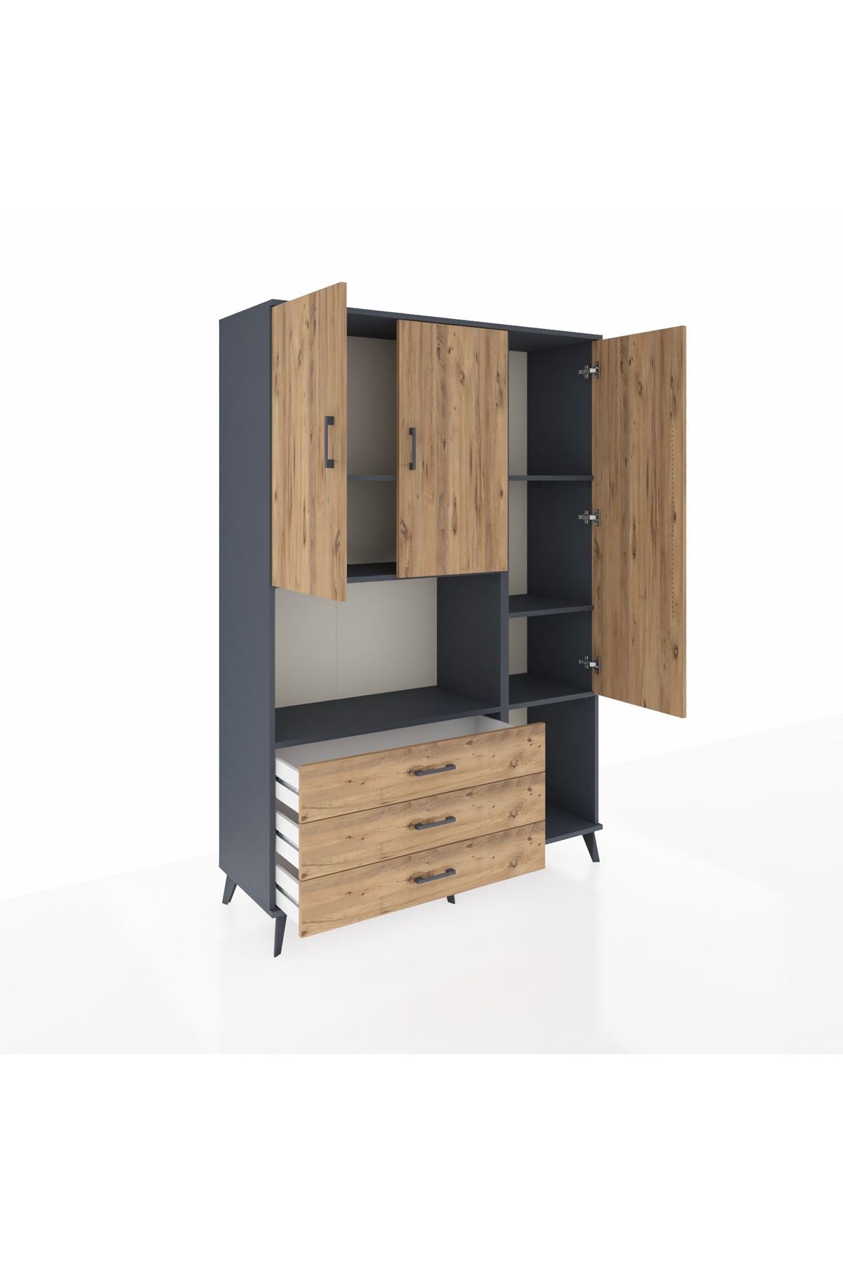 Hyperion Dolap 6 Raflı 3 Çekmeceli 3 Kapaklı 132x44x195 Antrasit-Çam/Çam