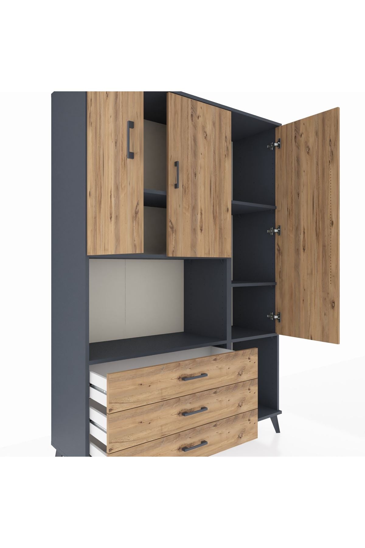 Hyperion Dolap 6 Raflı 3 Çekmeceli 3 Kapaklı 132x44x195 Antrasit-Çam/Çam