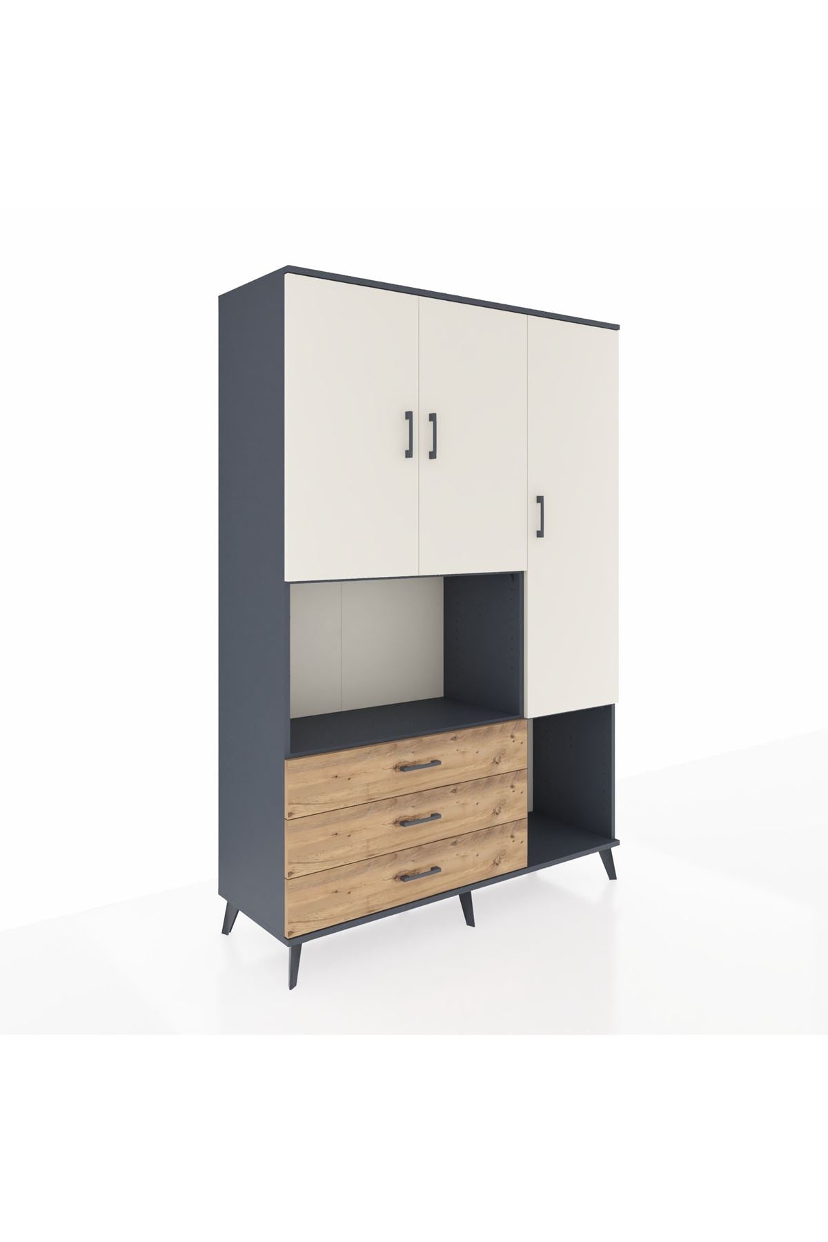 Hyperion Dolap 6 Raflı 3 Çekmeceli 3 Kapaklı 132x44x195 Antrasit-Aytaşı/Çam