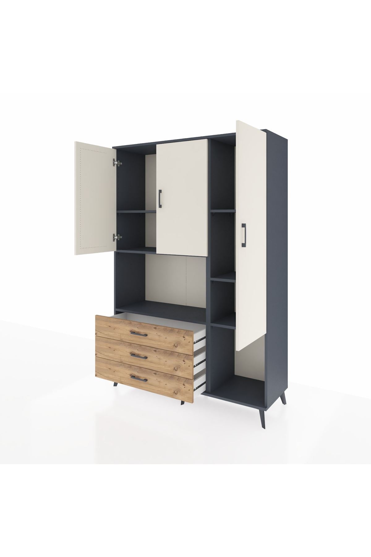 Hyperion Dolap 6 Raflı 3 Çekmeceli 3 Kapaklı 132x44x195 Antrasit-Aytaşı/Çam